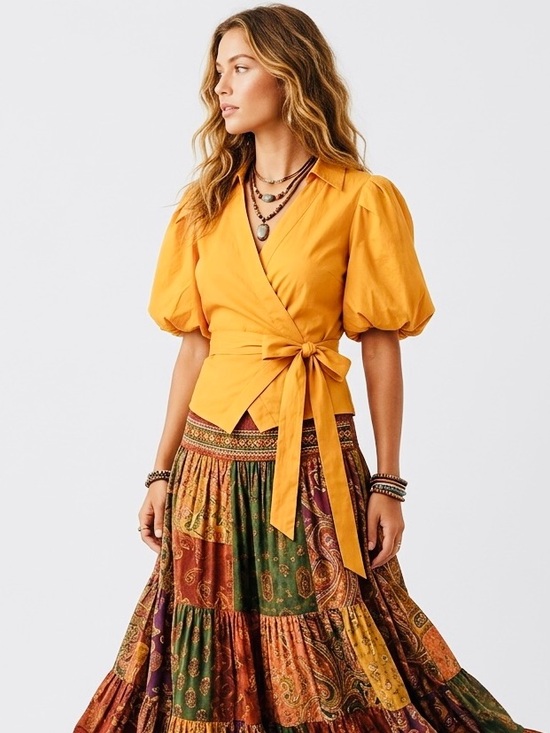 Worthington Tops - Worthington Mustard Yellow Wrap Blouse Short Puff Sleeve 100% Cotton Med EUC